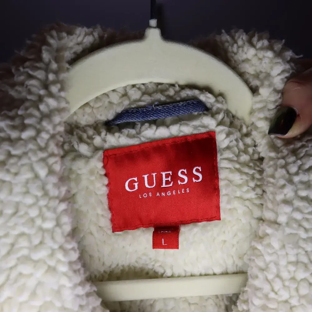 Guess Sherpa Lined Denim Trucker‎ Jacket Blue Jean Fleece Collar L